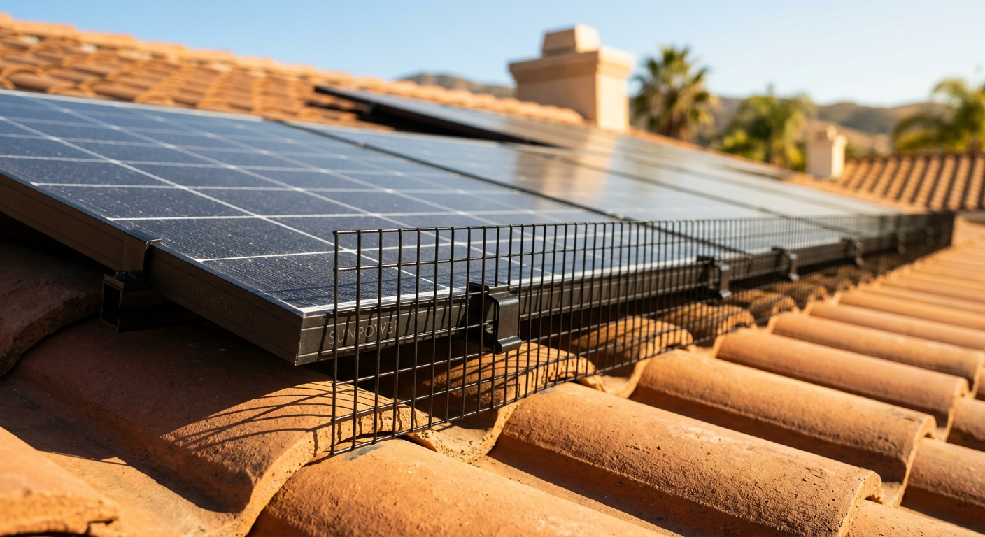 Black mesh bird-proofing barrier installed along the edge of a rooftop solar array