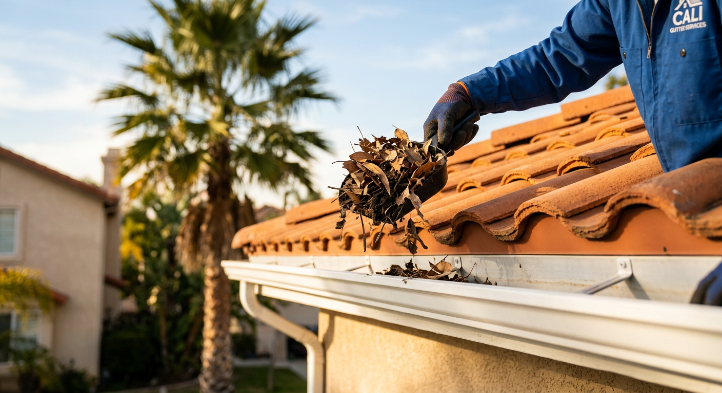 Freshly cleaned rain gutter on a Southern California home