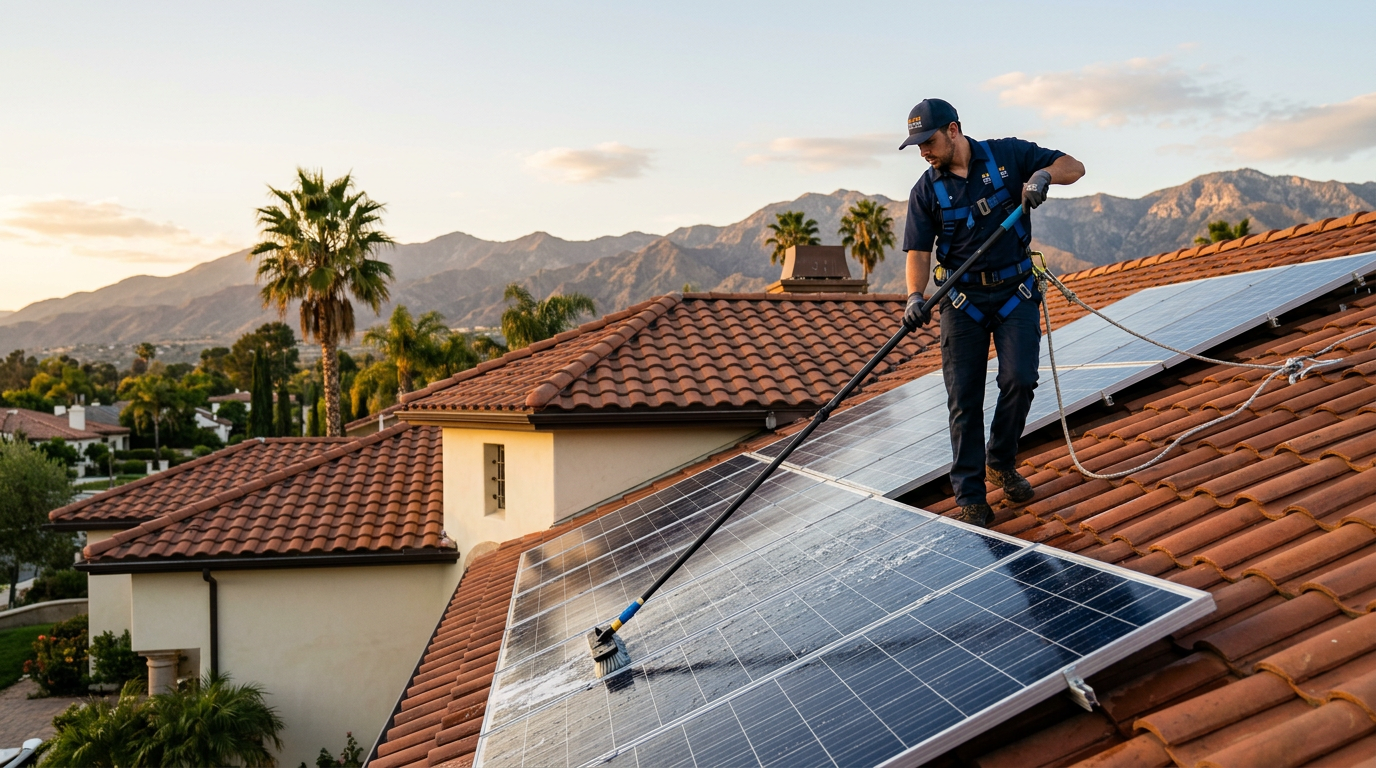 SolCare technician cleaning rooftop solar panels on a tile-roof Inland Empire home with a water-fed pole