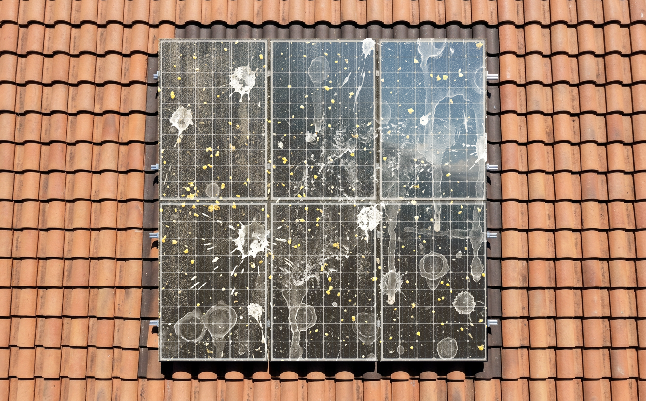 Solar panels covered in dust, pollen, and bird droppings before cleaning